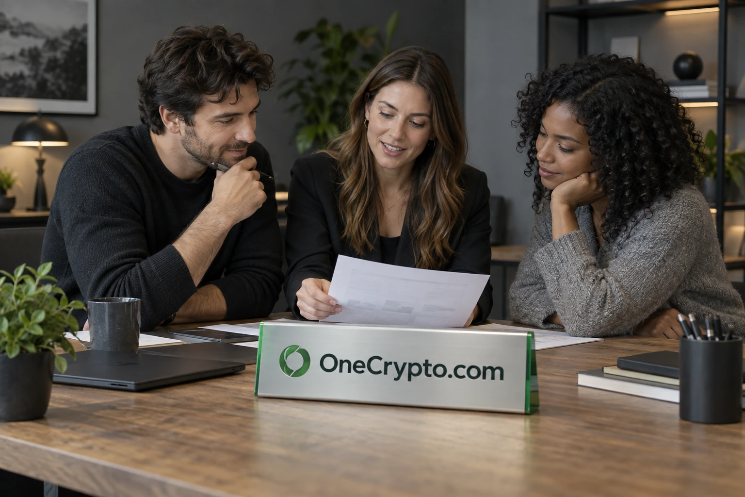 A contemporary crypto team workspace with OneCrypto.com branding