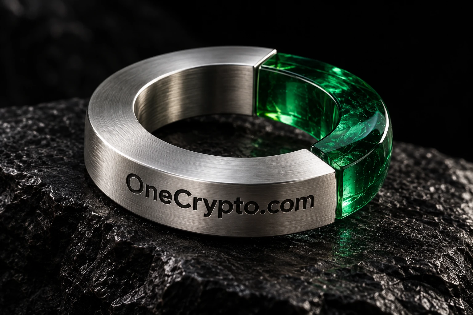 A brushed silver and green glass ring bearing OneCrypto.com on graphite